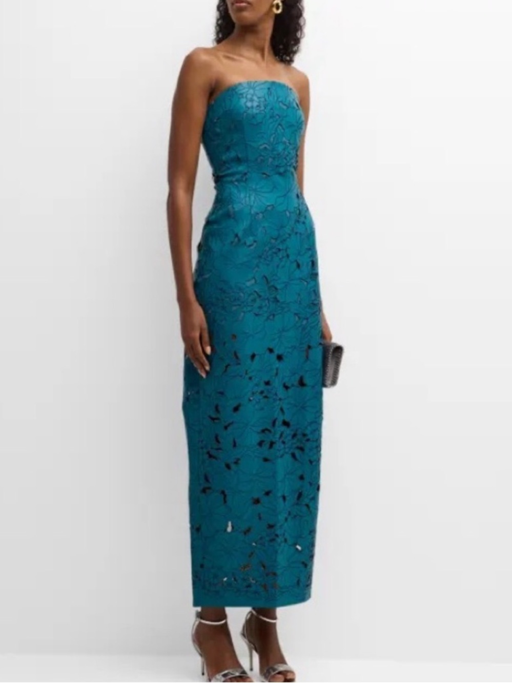 Cult Gaia Raylene Teal Lazer Cut Embroidered Strapless Midi Dress Size US6